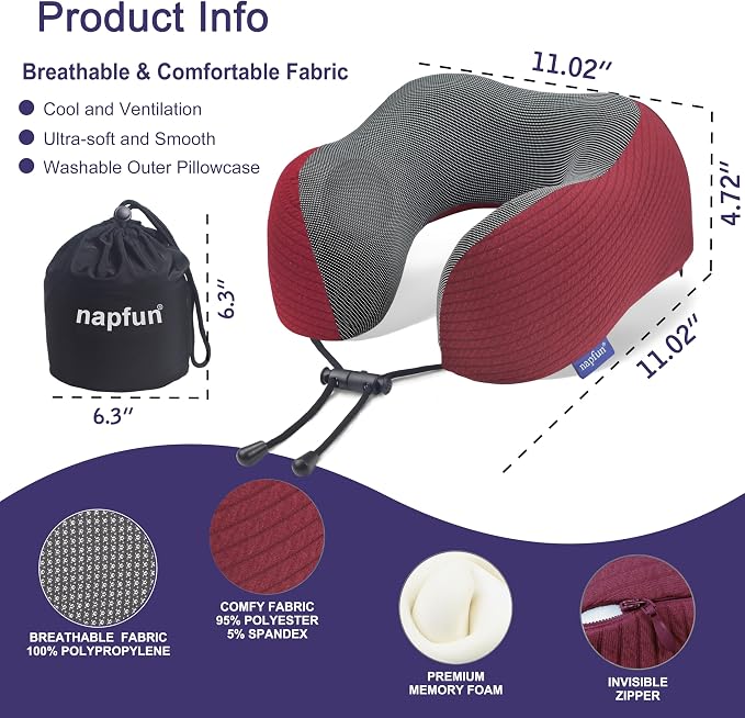 napfun Neck Pillow for Travel, Memory Foam Airplane Pillow, Burgundy | 360° Neck Support, Upgraded 100% Memory Foam for Airplane, Car, Train, Bus, Office Sleep, Travel Essentials for Long Flights - Image 2