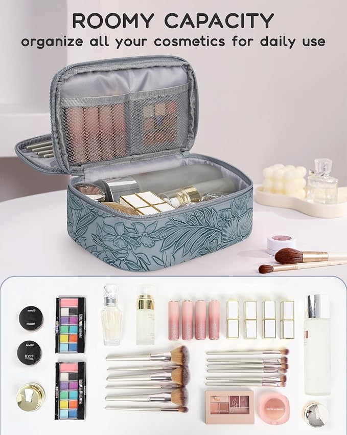 Relavel Cute Makeup Bag for Girls, Portable PU Leather Cosmetic Bag | Dual-layer Makeup Pouch with Brush Holder, Multi-Functional Preppy Toiletry Organizer for Travel, Daily Use - Flora Butterfly - Image 6