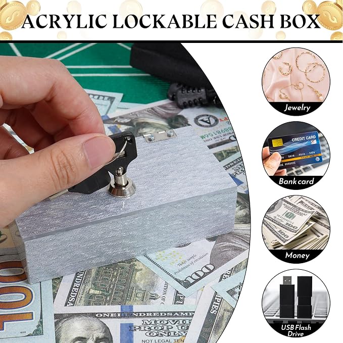 Acrylic Cash Box for Gambler 2 Pack Large and Small, Shimmering Silver Winners Bank with Keys, Slot, Storage Bag, Waist Bag, Portable Casino Money Organizer Safe Lock Box for Girls - Image 6