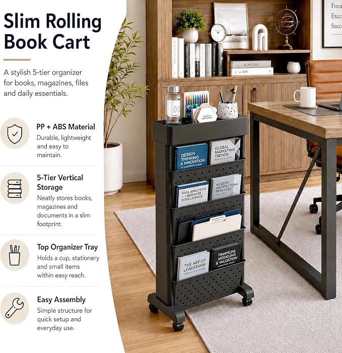 BYFU 5-Tier Movable Bookshelf Cart, 26.0" H, Black | Rolling Wheels, File Paper Storage Organizer, Mobile Bookcase, For Home Office Study Classroom - Image 4