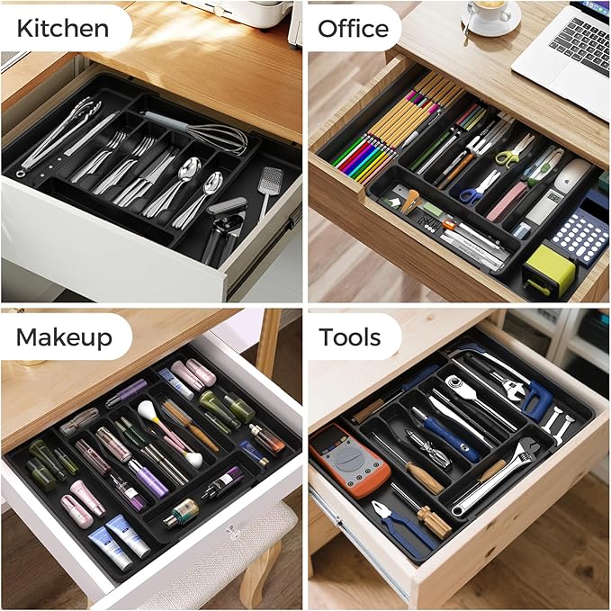ukeetap Extra Large Expandable Silverware Organizer, Flatware Tray, Black | BPA-Free Food-Safe Kitchen Utensil Cutlery Drawer Organizer, Adjustable Silverware Holder for Spoons Forks Knives - Image 8
