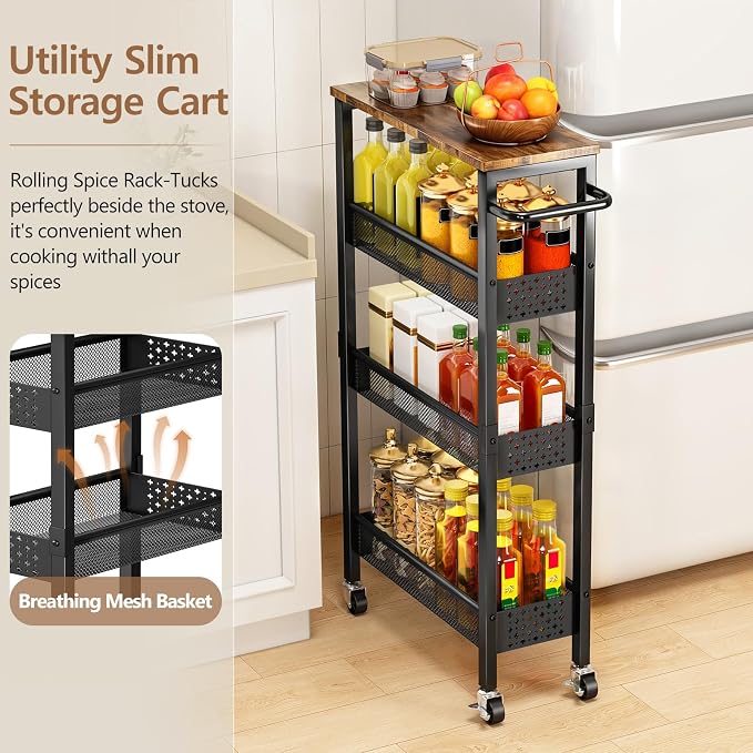 Slim Storage Cart with Wheels, 4 Tier Metal Rolling Organizer with Wood Top and Handle, Narrow Utility Shelf for Kitchen Bathroom Laundry Room, Black - Image 6