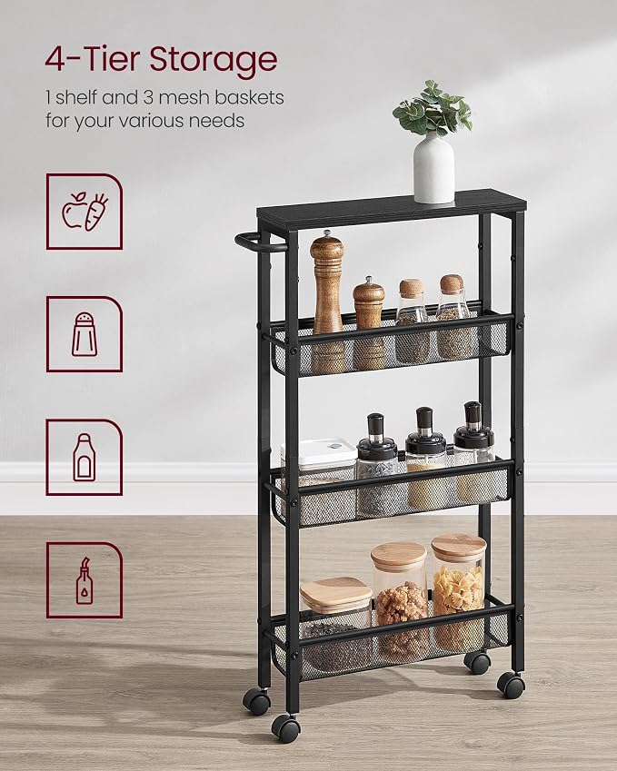 VASAGLE Slim Rolling Cart, 4-Tier Storage Cart, Narrow Cart with Handle, 5.1 Inches Deep, Metal Frame, for Kitchen, Dining Room, Living Room, Home Office, Ebony Black and Classic Black ULRC032B04 - Image 4