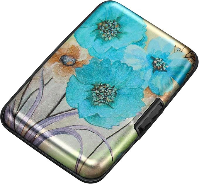Mini RFID Aluminum Wallet Credit Cards Holder Business Card Case Metal ID Case for Men Women(Blue Flower) by ELFISH