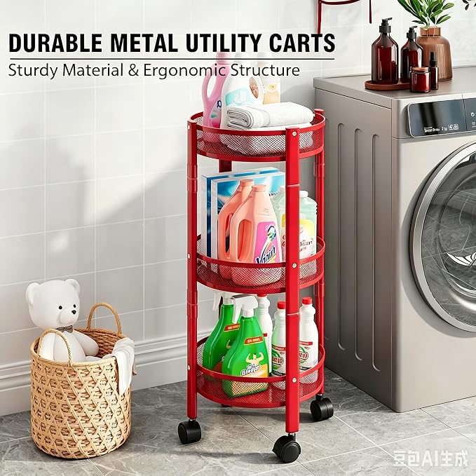 3-Tier Foldable Rolling Cart, Collapsible Metal Utility Cart with Wheels, Assembly-Free, Round Storage Organizer Trolley for Kitchen, Bathroom, Dorm, Nursery-Red - Image 4