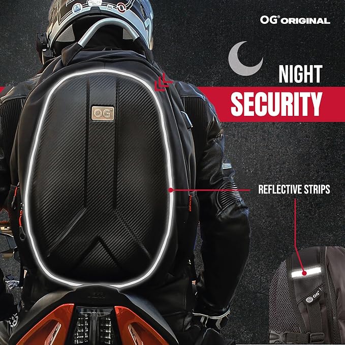 GetAway Waterproof Motorcycle Backpack Hard Shell for 2 Helmets 35-45L | Expandable motorcycle backpack with laptop compartment, anti-theft design, helmet strap and reflective details. - Image 2