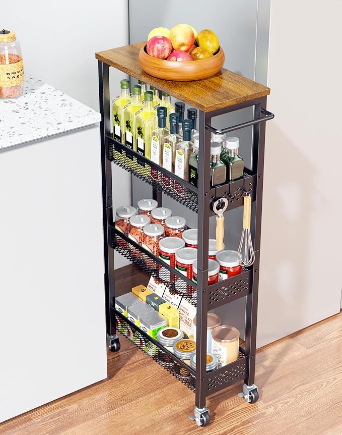 OKZEST 4-Tier Slim Rolling Storage Cart for Kitchen, Laundry Room, Bathroom | Upgraded metal hub casters, Narrow utility cart for small space/gaps, Premium wood top & metal mesh shelf, with handle & hook by OKZEST