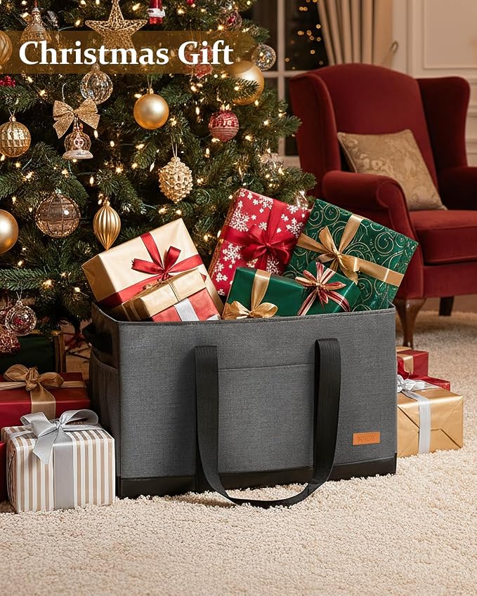 WONDAY X-Large Utility Tote Bag, Standing Reusable Grocery Bag | 22x11x13.5in, 50L capacity, holds 100lbs, collapsible, fabric with leather bottom, for beach travel storage - Image 9