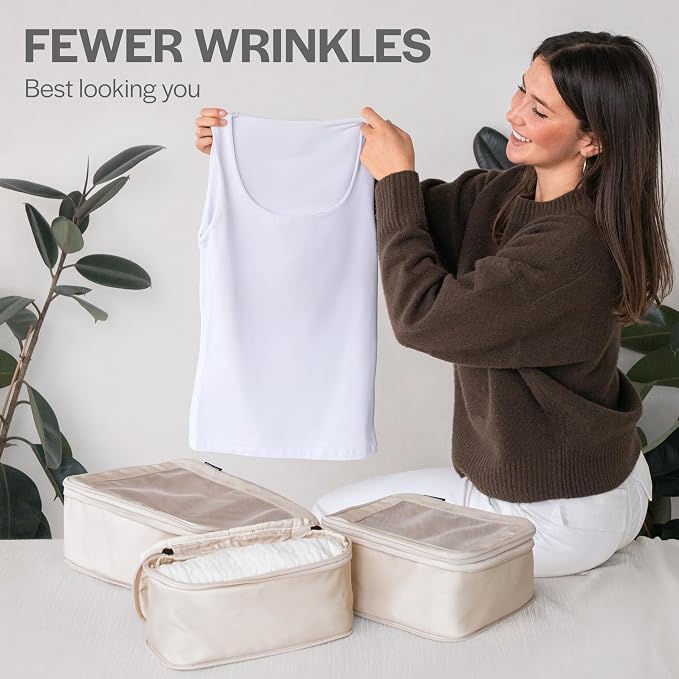 Compression Packing Cubes for Travel, 2-Pack, Beige | Solves overpacking, 2-Piece set fits most carry-ons, 50% Space savings, Compression luggage organizer bags - Image 8