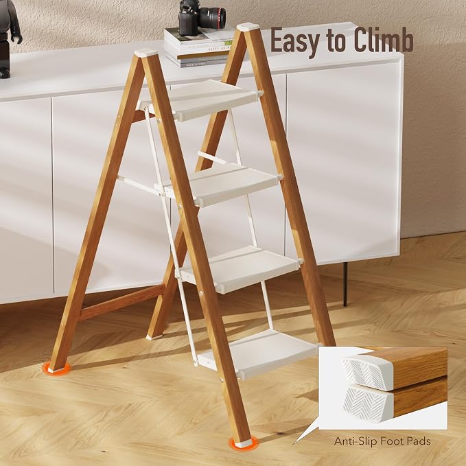 Mayi Plus 4 Step Stool Foldable, Aluminum, Lightweight Step Ladder | Extra-wide anti-slip folding steps with 330 lbs, for home,kitchen,office,outdoor,White & Woodgrain. - Image 6