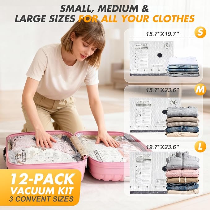 Vacuum Bags for Travel with Rechargeable Pump, 9 Pack Compression Packing Bags with 35KPA Electric Pump, 80% Space Saver for Clothes, Vacuum Seal Bags fo Carry-on Luggage Suitcase - Image 6