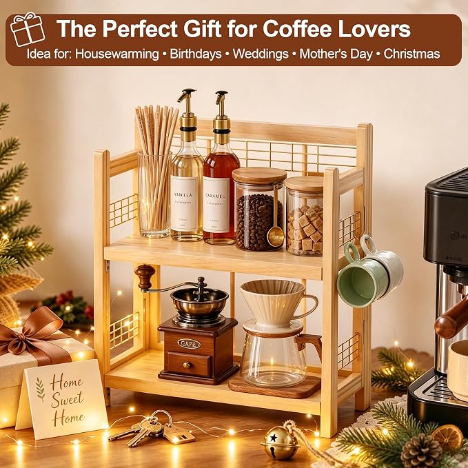 No-Assembly Coffee Bar Organizer, 2-Tier Coffee Station Shelf | Foldable Oak Wood Shelf, Coffee Station Accessories Storage for Syrup & Pod, 3 Hooks for Mugs, Kitchen Condiment Rack Natural - Image 8