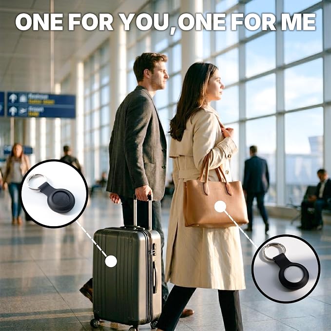 2-Pack Bluetooth Tracker Tags Black & White for Android, Works with Google Find Hub — Key Finder with 105dB Loud Alarm, Ultra Thin, 2 Silicone Keyring Cases & 2 Extra CR2032 Batteries Included - Image 2