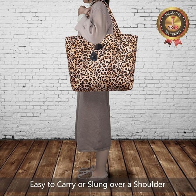 TOPDesign 1-Pack Canvas Tote Bag with an External Pocket, Reusable Grocery Shopping Bag, Top Zipper Closure, Daily Essentials (Leopard) - Image 2