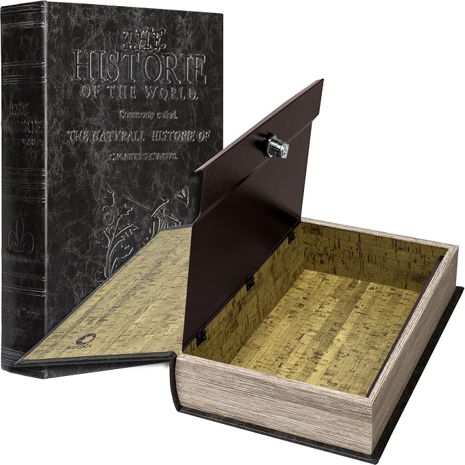 Barska Large Antique Book Lock Box with Key Lock , 8.75" x 2.75" x 13", black | Steel safe door with magnetic closure and key lock for jewelry, passports and documents by Barska