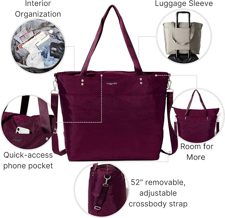 Baggallini Carryall Tote - Lightweight Nylon Zipper Top Weekender Travel Beach Bag w/Luggage Sleeve - Image 3