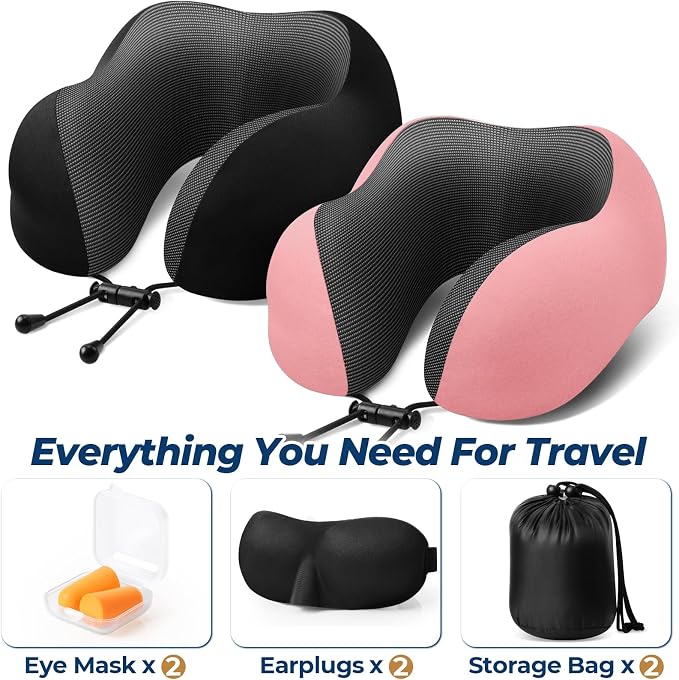 ExploreBliss Travel Pillow, Neck Pillow Airplane, Black & Pink | Travel Pillows for Airplanes, Neck Pillow Airplane, Memory Foam Neck Pillow Set with Eye Mask, Earplugs - Image 2