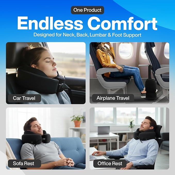 4-in-1 Travel Set – Inflatable Neck Pillow, Convertible Lumbar Support & Foot Hammock, 3D Sleep Mask & Ear Plugs – Complete Comfort Kit for Airplane, Office & Car – Gift-Ready (Black) - Image 7