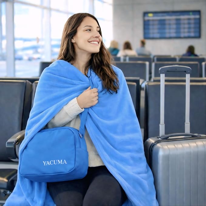 Travel Blanket Airplane, Soft 40" x 60" Flannel Travel Blanket, Lightweight Compact Blanket for Flights, Car Trips, Home & Office, Includes Carrying Pouch, Blue - Image 4
