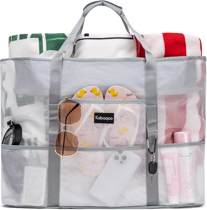 KABAQOO Mesh Beach Bag, Extra Large Beach Bags with 9 Pockets & Zipper Waterproof Lightweight Beach Tote for Beach/Pool Trip by KABAQOO