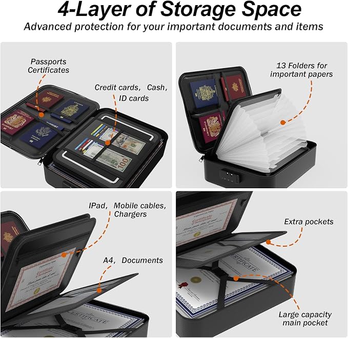Large Fireproof Document Box with Lock,Upgraded Waterproof Fireproof Document Bag,Important Document Organizer Binder Hard Case Safe,5200℉ Fire Proof File Box,Portable for Business Travel Home - Image 3