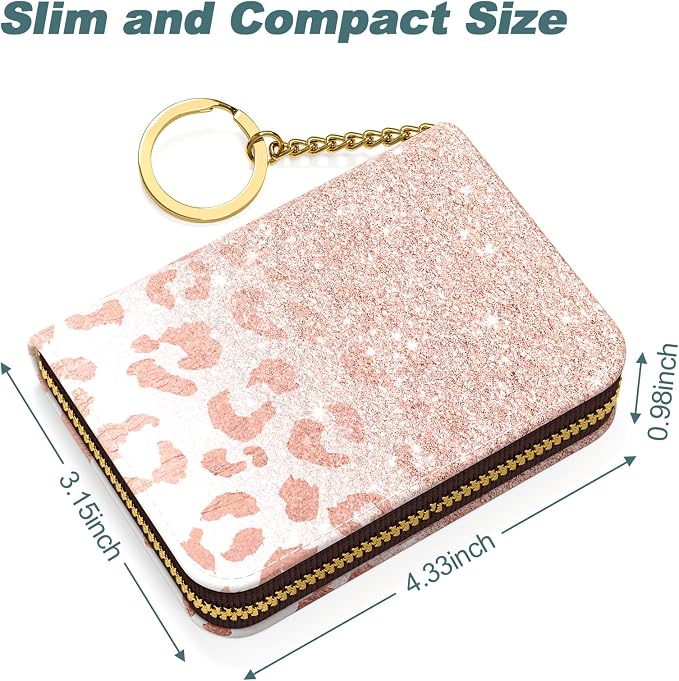 Nipichsha Women's Small RFID Blocking Credit Card Wallet, Pink Gilt Leather, 12 Slots, Zipper Closure | Leather Card Holder Wallet, Credit Card Wallet Organizer, Business Card Case with Zipper & Keychain, 12-Slot Compartment - Image 5
