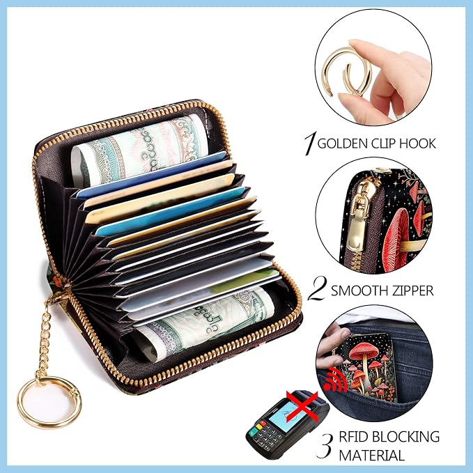 Blusabaca Women Credit Card Holder, Small RFID Wallet with Wristlet Strap | Mushroom, Removable Keychain, Case Zipper, PU Leather, Cash Coin Pocket, Business Purse with Key Lanyard, Ladies Female Gift - Image 5