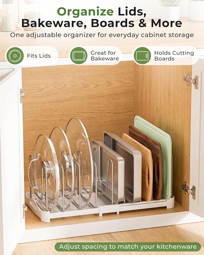 EVERIE Adjustable Cabinet Organizer for Pot Lids, Bakeware, Cookie Sheets & Cutting Boards, Upright Storage Rack for Kitchen Cabinet, Stable Dividers, 9.7" Deep, 12.6" to 21.5" Wide, GS02SS | 5mm Steel Dividers, Anti-Wobble, M-Slot for Lid Handles, BPA... - Image 2
