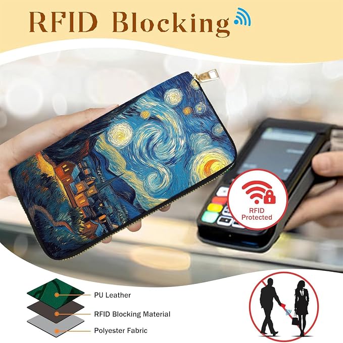 Women's RFID Blocking PU Leather Zip-Around Wallet, Large Capacity Clutch with Phone Holder, Travel Purse & Card Organizer with Removable Wristlet,Van Gogh Starry Night - Image 2