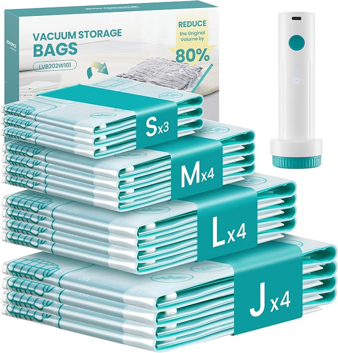 SONGMICS Vacuum Storage Bags, Rechargeable Portable Electric Pump | Space Saver Vacuum Seal Suction Bags for Clothing Travel Bedding Comforters, Reusable, 15 Pack, 3S/4M/4L/4J ULVB203W101 by Unknown
