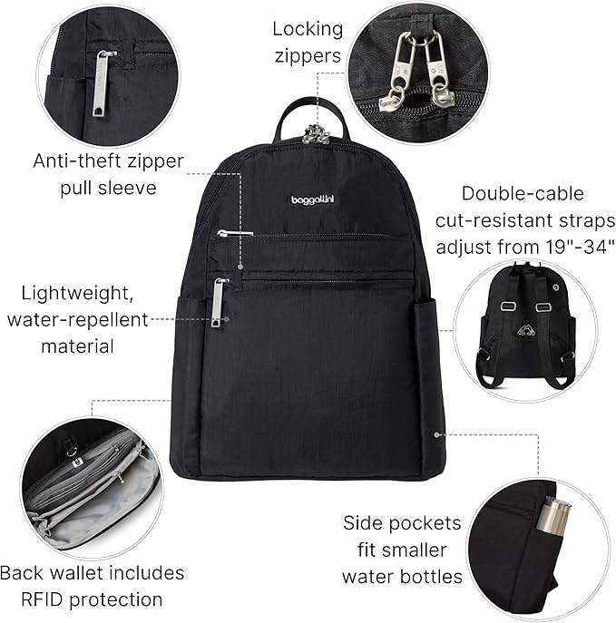 Baggallini Securtex® Anti-theft Vacation Travel Backpack 10x13 Slash-Resistant Nylon Daypack w/RFID, Black - Image 3