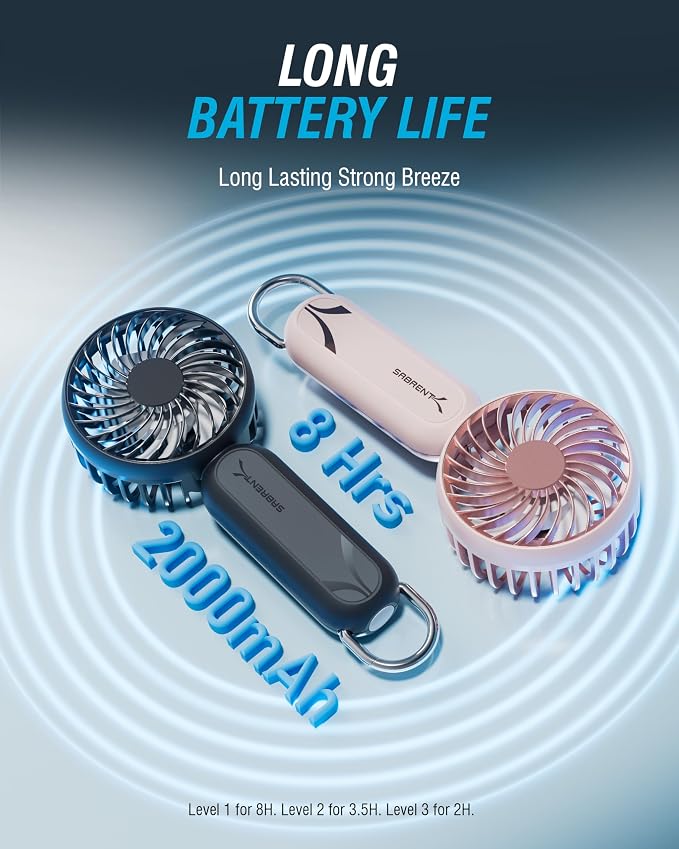 SABRENT ChillyPop Mini Rechargeable Personal Fan, USB-C, Grey | Lightweight quiet cooling; rechargeable USB-C; pocket-sized; travel & makeup fan; grey - Image 3