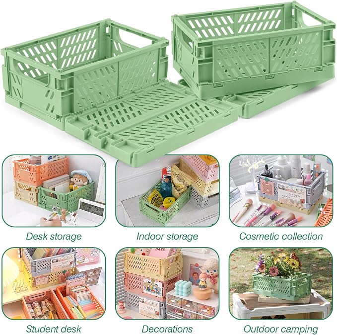 4 Pcs Collapsible Storage Crates, 10x5.9x4 inches Space-Saving Folding Containers, Stackable Plastic Boxes for Home Kitchen Office Bedroom Bathroom, Green - Image 6