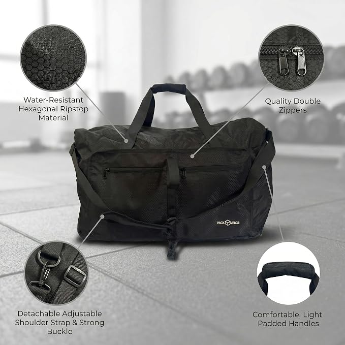 65L Foldable Duffle Bag for Travel – Lightweight Packable Duffel Bag, Collapsible Weekender Overnight Travel or Gym Bag, Water-Resistant, Large Capacity (Black) - PackVerge - Image 4