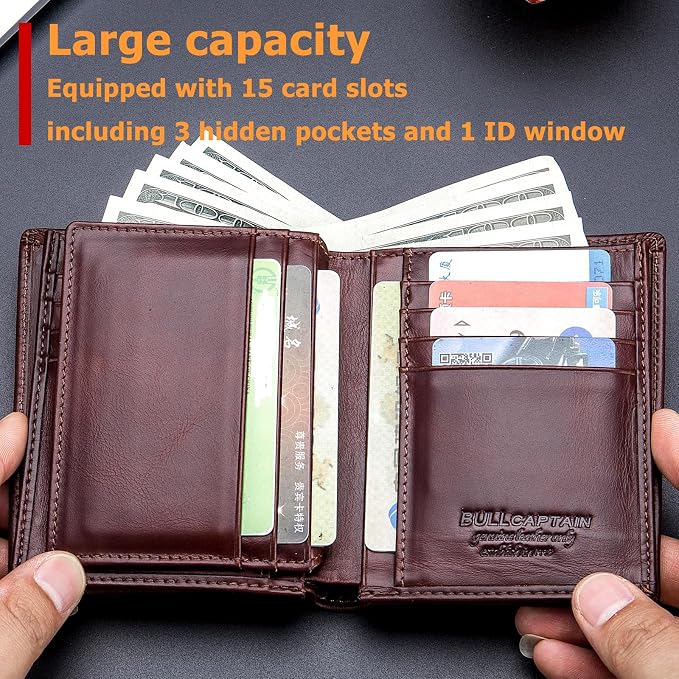 BULLCAPTAIN Large Capacity Genuine Leather Wallet for Men QB-027 | Bifold Wallet,RFID Blocking,Credit Card Holder,15 Card Slots,Special Expandable Design,gift choice - Image 3