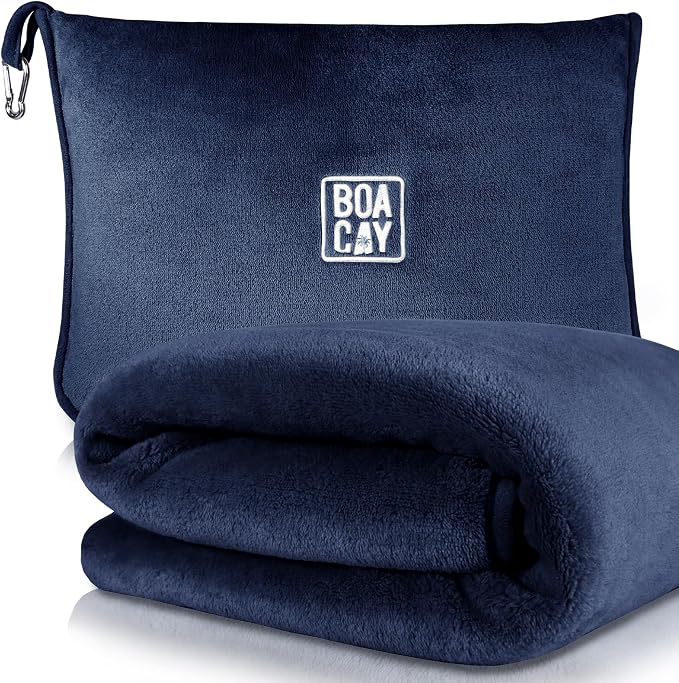 Soft & Warm Travel Blanket for Airplane & Car - Long Flight Essential for Women, Men, Kids - Compact Pillow with Luggage Sleeve & Backpack Clip by BOACAY