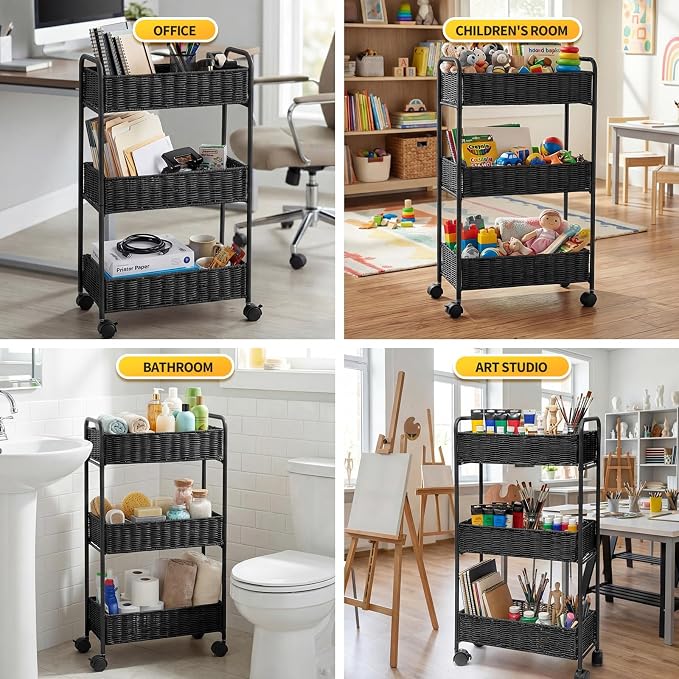 Utility Slim Storage Cart,3-Tier Rolling Kitchen Office Laundry Room Cart,Mobile Shelving Unit Organizer for Living Room Bathroom Baby Diaper Narrow Places (Black, 3 Tiers-7.1 inch (W)) - Image 9