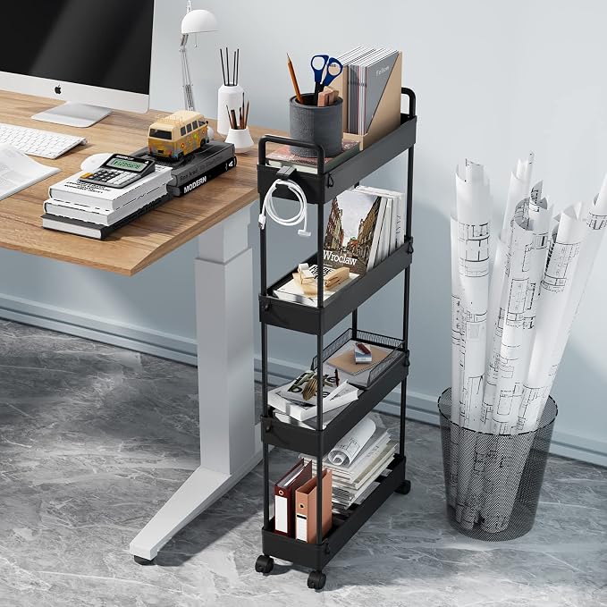 SOLEJAZZ Slim Rolling Storage Cart Skinny Bathroom Organizer, 4 Tier, Black | Thin utility cart with wheels for bathroom, laundry room, bedside, kitchen, dorm, office, next to fridge, small narrow places - Image 5