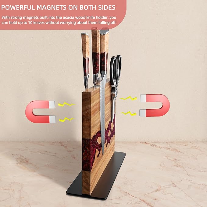 Magnetic Knife Block, Double Sided Holder, Powerful Magnet Kitchen Storage, Acacia Wood and Red Resin (12 x 10 Inches, Without Knives) - Image 5