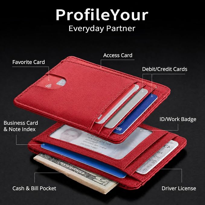 Slim Minimalist Front Pocket RFID Blocking Leather Credit Card Holder, Small Compact Wallet with ID Window for Men and Women (Red) - Image 5