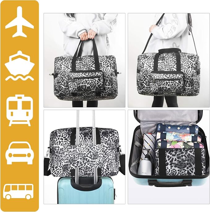 F.FETIVIN Travel Foldable Waterproof Duffel Bag - Lightweight Carry on Luggage Tote Duffel Bag(Leopard Print) - Image 3