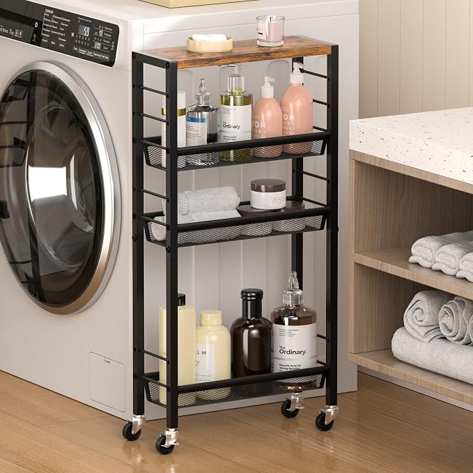 Narrow Storage Cart with Wheels,4-Tier Narrow Kitchen Carts Slim Rolling Cart,Skinny Storage Cart for Small Spaces,Rolling Utility Cart for Livingroom,Diningroom,Office,Laundry Room,Bathroom - Image 4