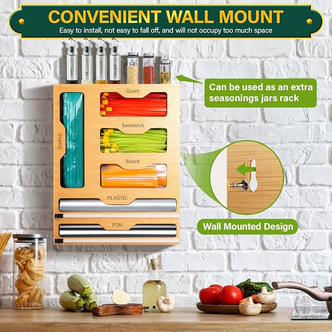 KOCWELL Bag Organizer and Plastic Wrap Dispenser with Cutter, 6 In 1 Bamboo Foil and Plastic Wrap Organizer for Kitchen Drawer, Food Storage Bag Organizer for Gallon,Quart,Sandwich,Snack(Yellow) - Image 6