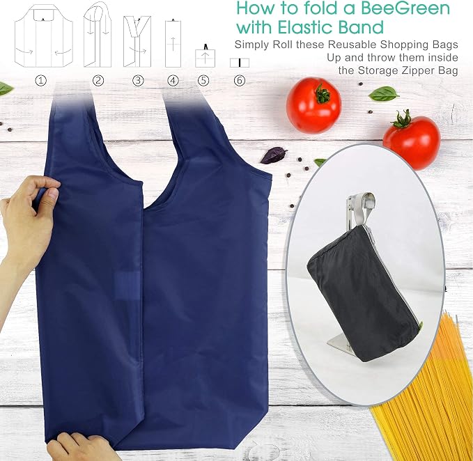 BeeGreen 20 Pack Navy Blue Reusable Grocery Bags with Storage Pouch Wholesale Reusable Shopping Bags Bulk w Elastic Band 50LBS X-Large Foldable Tote Bags Machine Washable-Heavy Duty Cloth Bags - Image 4