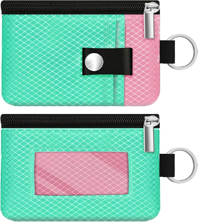 Minimalist RFID Blocking Small Wallet with ID Window,WaterResistant Zip Id Case Wallet with Lanyard Keychain for Cards,Cash,Travel,Women,Men (Mint Green/Pink) by CCUMI
