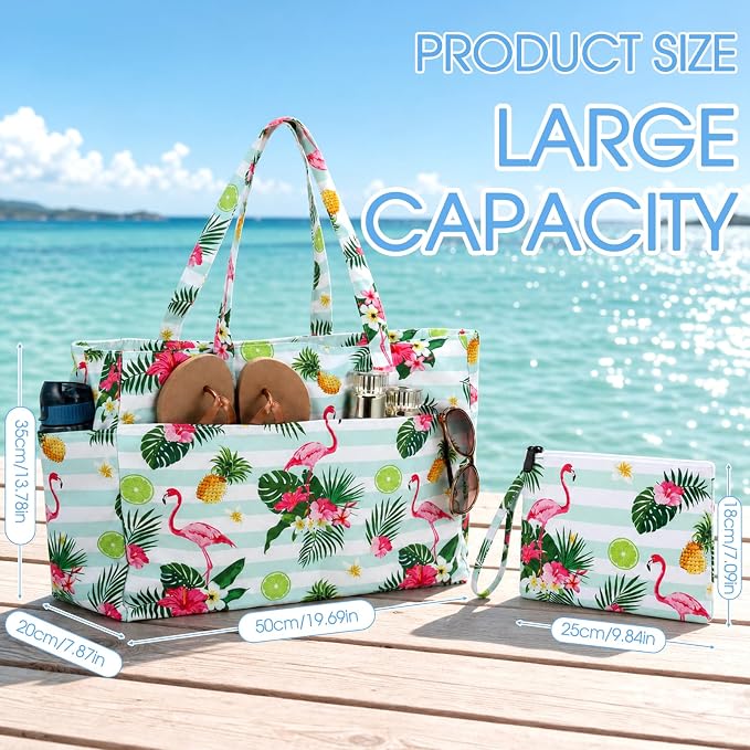 JATEBI Beach Bag with Makeup Pouch for Women | Waterproof Pool Tote Bags with Wet Compartment for Swim Shopping Travel, Zipper, Wet Compartment, 5 Pockets - Image 8