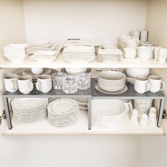 Simple Houseware Cabinet Counter Shelf Organizer w/Steel Surface, Silver | Expandable & Stackable 9" D x 12.75" W x 5.9" H - Image 2