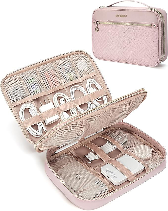 BAGSMART Electronic Organizer Case - Double Layer Cord and Tech Travel Organizer Bag for Charging Cables, Pink by BAGSMART