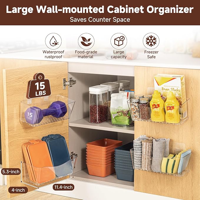 4-Pack Large Cabinet Door Organizer, 11.4" Adhesive Wall Mounted Pantry Organizers and Storage, Space Saving, Drain Bottom, No drill, Clea Storage Caddy Baskets for Kitchen, Bathroom, Under Sink - Image 2