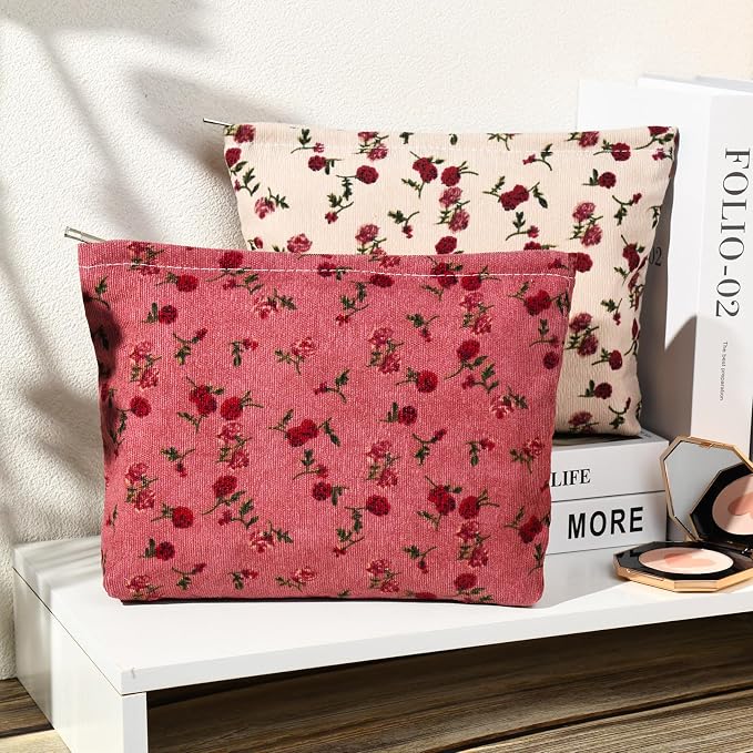 SOIDRAM 2 Pieces Rose Makeup Bag Large Corduroy Cosmetic Bag Capacity Canvas Travel Toiletry Bag Organizer Cute Makeup Brushes Aesthetic Accessories Storage Bag for Women, Rose L White Pink - Image 2